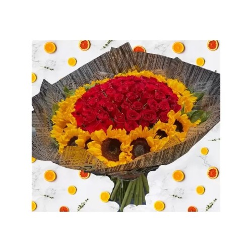 Bouquet of 75 Red Roses and 18 Sunflowers